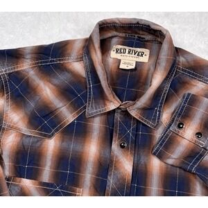 Western Shirt Men M (FIT S) Navy Blue Brown Ombre Plaid Pearl Snap Rodeo Cowboy